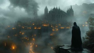 Dark Fantasy City Wallpaper, Gothic Architecture, Hooded Figure, 4k Wallpaper