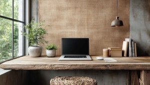 Rustic Home Office Wallpaper, Wooden Desk Background, Cozy Interior