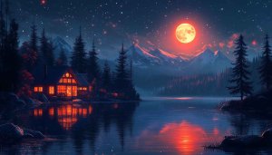 Night Cabin Wallpaper: Lake Reflection, Mountain Scenery, Starry Sky
