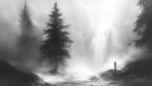 Monochrome Waterfall Wallpaper: Foggy Nature Landscape Art 4K