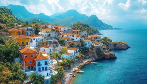 Coastal Village Wallpaper: Scenic Mountain & Sea View Backgrounds