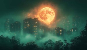 Cityscape Moon Wallpaper: Full Moon Over Misty Urban Landscape