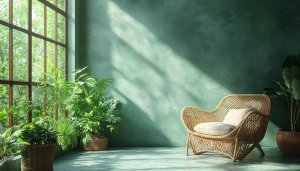 Boho Interior Wallpaper: Green Wall, Rattan Chair, Plants, Sunlight