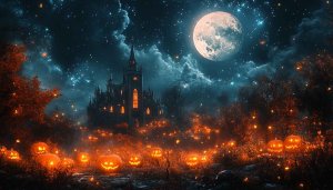 Halloween Wallpaper: Castle, Pumpkins, Full Moon, Night, 4k