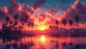 Tropical Sunset Wallpaper: Beach, Palm Trees, Red Sky, 4K