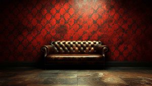 Leather Sofa with Patterned Red Wall Design Wallpaper