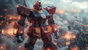 Gundam Wallpaper: Robot Anime Mecha in Burning City, 4K Resolution