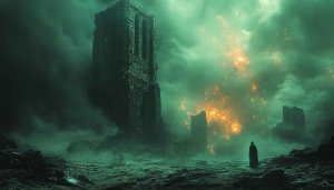 Epic Fantasy Landscape Wallpaper: Ruins, Cloaked Figure, Moody Ambiance