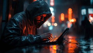 Cyberpunk Hacker Wallpaper, Rainy Cityscape, 4k, Phone & Desktop