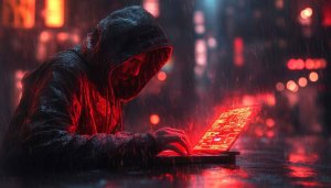 Cyberpunk Hacker Wallpaper: Red Neon City, Laptop, Hooded Figure