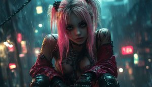 Cyberpunk Girl Wallpaper, Pink Hair, Cityscape, Rainy Night, 4K
