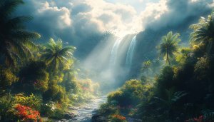Waterfall Wallpaper: Tropical Jungle Landscape, Nature Scenery, 4K Resolution