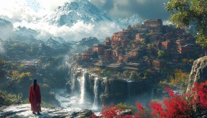 Mountain Village Wallpaper: Scenery, Waterfall, Asian Architecture, Scenic Landscape Art