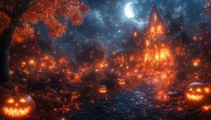 Halloween Wallpaper: Spooky Haunted House with Pumpkins, Night Sky