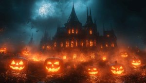 Halloween Wallpaper: Spooky Castle and Jack-o'-Lanterns for Desktop
