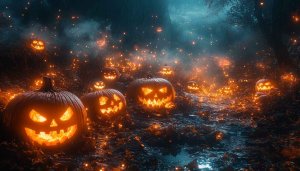 Spooky Halloween Wallpaper: Jack-o'-Lanterns in Forest Night - 4K
