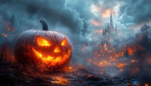 Halloween Pumpkin Wallpaper, Spooky Castle Background, Dark Theme, 4k