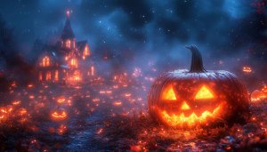 Halloween Wallpaper: Jack-o'-Lantern, Spooky House, Night Scene, 4K