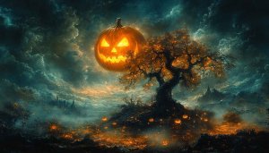 Halloween Wallpaper: Pumpkin Moon, Spooky Tree and Landscape in 4k