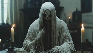 Horror Wallpaper: Ghostly Figure with Candles in Dark Room HD