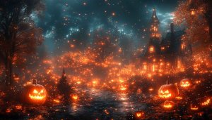 Spooky Halloween Wallpaper: Jack O'Lanterns and Haunted House, 4k