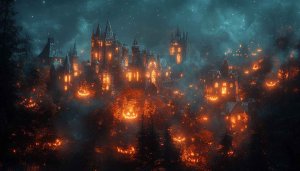 Halloween Wallpaper: Spooky Castle and Jack-o'-Lanterns for Desktop Background