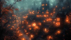 Halloween Wallpaper: Spooky Town, Jack-o'-Lanterns, Haunted House, 4K