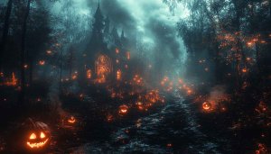 Halloween wallpaper: Spooky Haunted House and Pumpkin Jack-o'-lanterns 4K