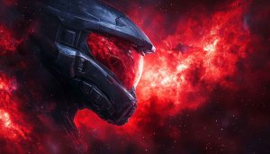 Halo Infinite Wallpaper: Master Chief Helmet on Red Nebula Background
