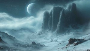 Fantasy Landscape Wallpaper: Moon, Mountains, Clouds - 4K Desktop Background