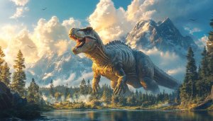Dinosaur Wallpaper: T-Rex in Prehistoric Landscape - 4K Wallpaper