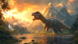 Dinosaur Wallpaper: T-Rex in Prehistoric Landscape, Aesthetic 4K Wallpaper