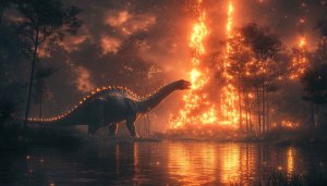 Dinosaur Wallpaper: Prehistoric Creature with Fire and Lake