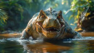 Dinosaur Wallpaper: Realistic T-Rex in Jungle River, 4K