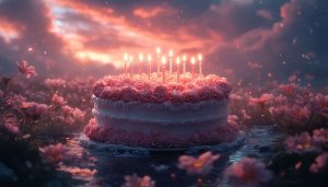Birthday Cake Wallpaper: Pink Flowers, Candles, Celebration - 4K