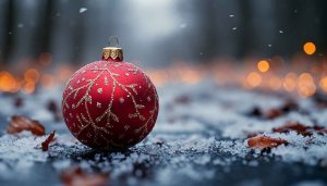 Christmas Wallpaper: Red Ornament on Snow - Festive Holiday Theme