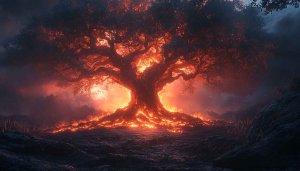 Burning Tree Wallpaper: Fantasy Landscape 4K, Desktop Background, Aesthetic