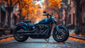 Blue Harley Davidson Motorcycle Wallpaper, Autumn Leaves, Street Scenery HD