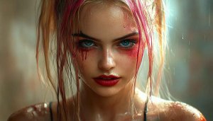 Harley Quinn Wallpaper: Blue Eyes, Red Makeup, Red Lips 4K