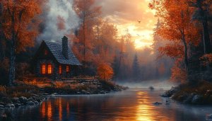 Autumn Cabin Wallpaper: Cozy Lake House Scenery 4k Wallpaper