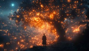 Fantasy Night Wallpaper: Magical Tree Lights and Silhouette 4K