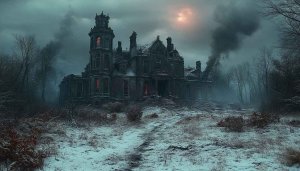 Haunted House Wallpaper, Winter Gothic, Spooky Mansion, Dark Landscape