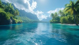 Tropical Island Wallpaper: Ocean, Palm Trees, Mountain Scenery, 4K