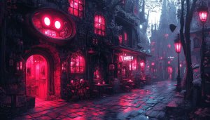 Cyberpunk City Wallpaper: Gothic Architecture with Red Neon Lights