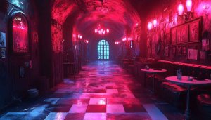 Cyberpunk Bar Wallpaper, Red and Blue Aesthetic, Urban Scene