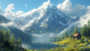 Mountain Landscape Wallpaper, Lake, Cabin, Nature Background, Desktop Wallpaper
