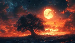 Full Moon Wallpaper: Night Sky, Tree Silhouette, Landscape Scenery