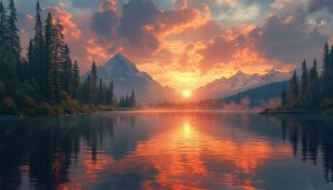 Sunset Lake Wallpaper: Mountain Reflections, Nature Landscape UHD Background
