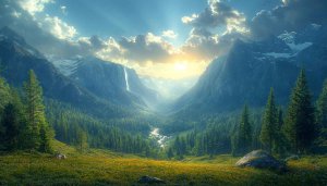 Mountain Landscape Wallpaper: Scenic Valley, Forest, and Waterfall View