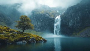 Waterfall Wallpaper: Scenic Mountain Lake Scenery for Desktop Backgrounds